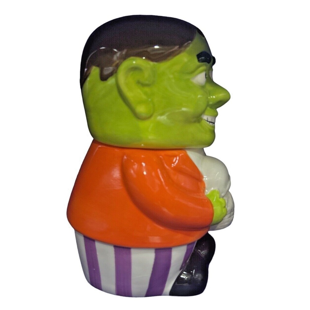 Halloween Frankenstein Monster Ceramic Cookie Jar Skull Green Orange Purple - Picture 4 of 9
